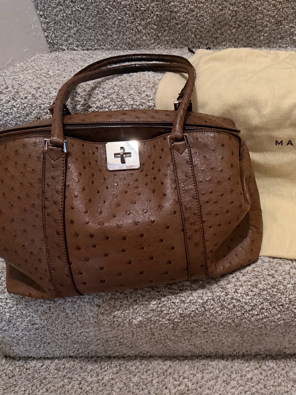 Brown Textured Leather Satchel with Silver Hardware